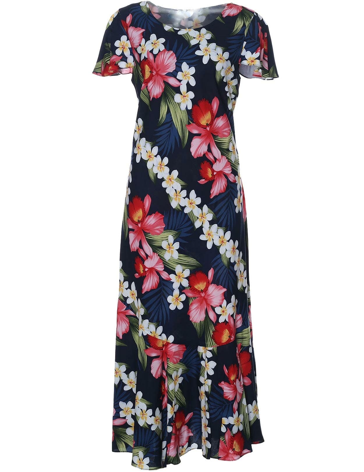 Plumeria Maxi Hawaiian Dress Cap Sleeves