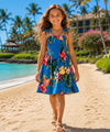 Plumeria Girls Smock Rayon Hawaiian Dress Ocean Blue