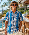 Plumeria Panel Short Sleeves Cotton Hula Shirt Light Blue