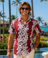 Plumeria Panel Short Sleeves Cotton Hula Shirt Red