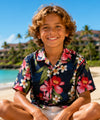 Plumeria Panel Boys Hawaiian Shirt navy