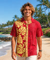 Prince Kuhio Gold Leaf Rayon Side Panel Aloha Shirt Red