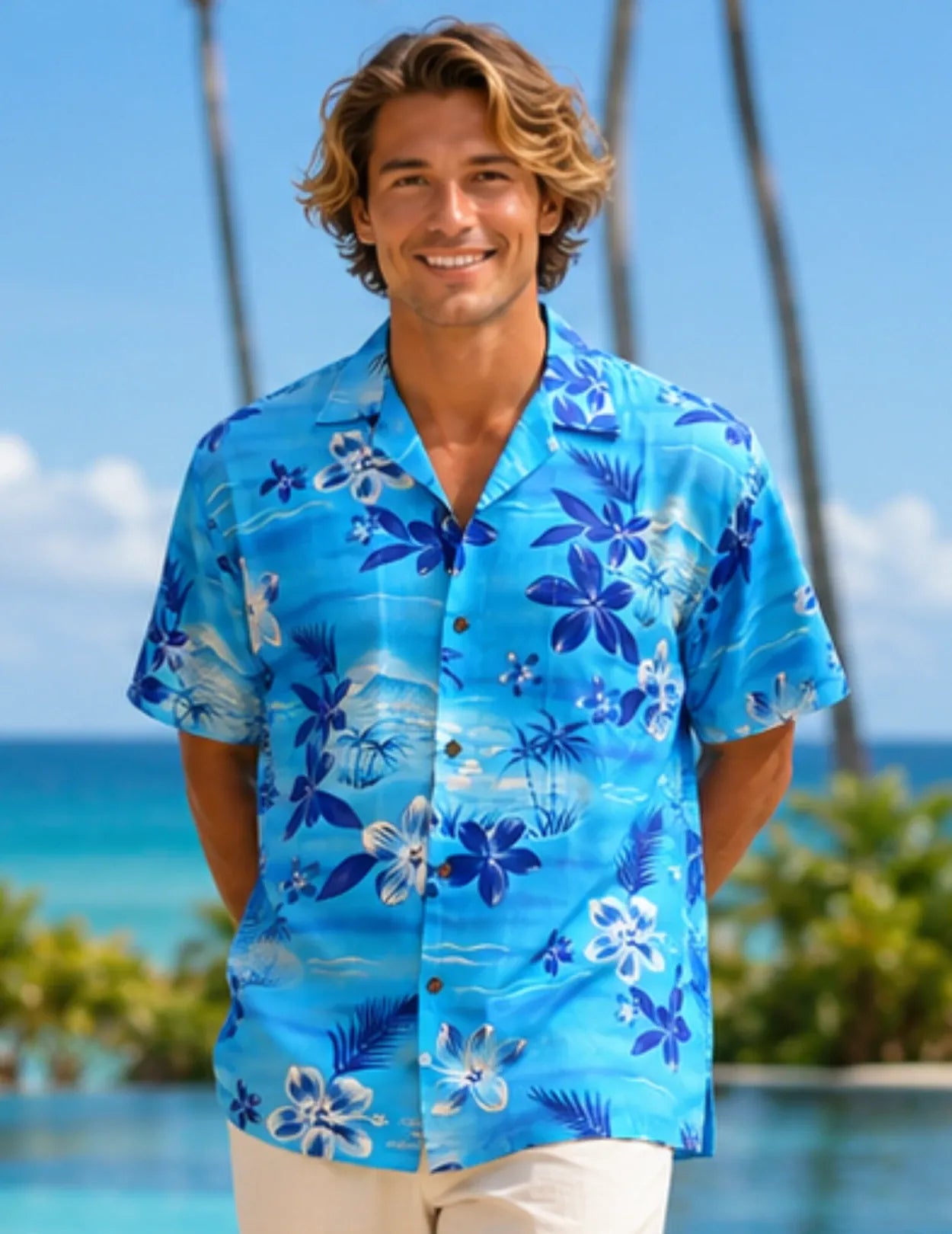 Resort Moonlight Scenic Rayon Aloha Shirt Light Sky Blue