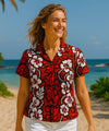 Flower Leis Fitted Hawaiian Blouse Red Women Shirts