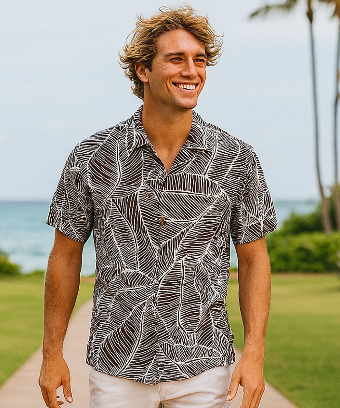 Banana Leaves Rayon Men's Aloha Shirt Charcoal