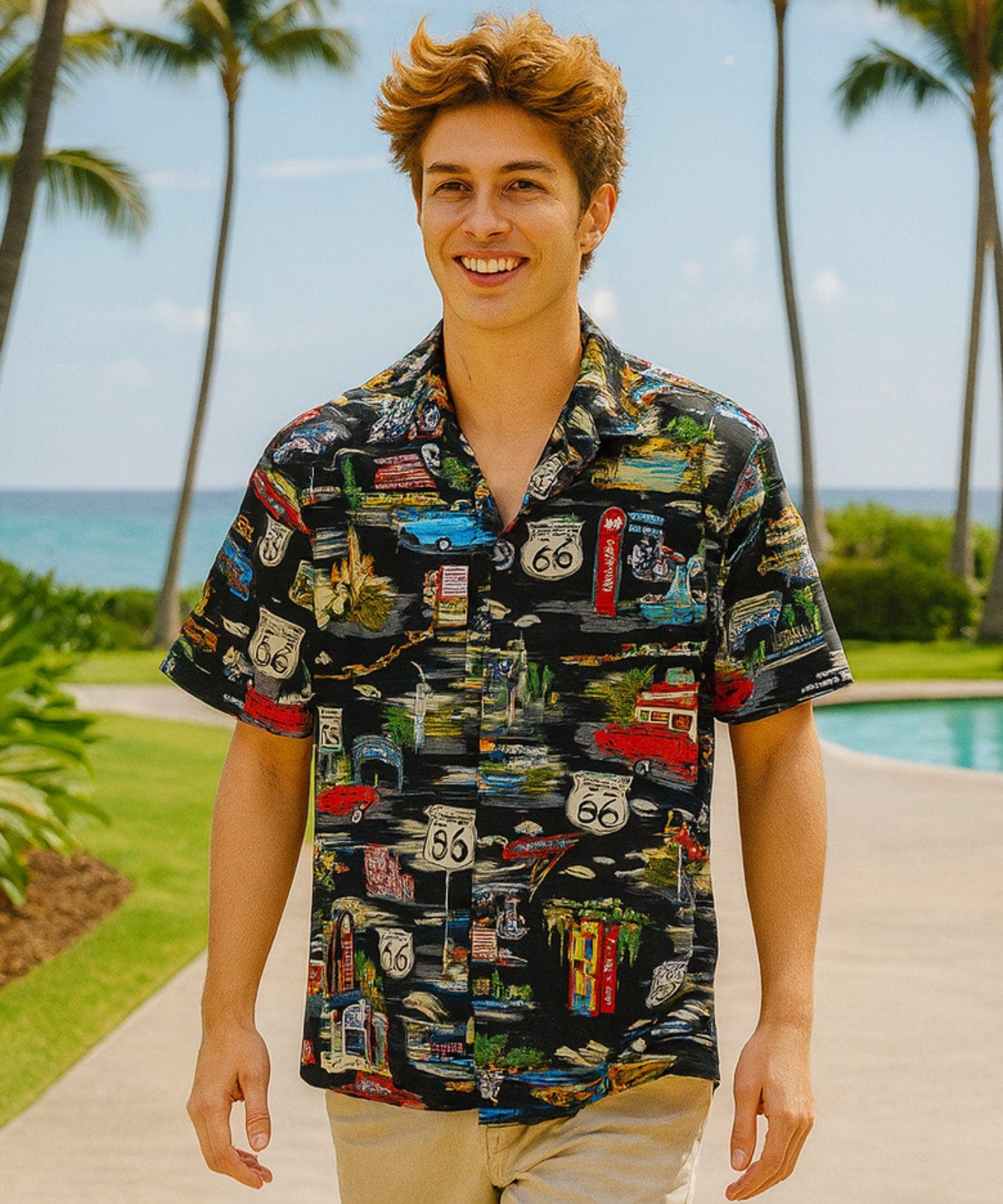 Route 66 Open Collar Men's Aloha Shirt Black