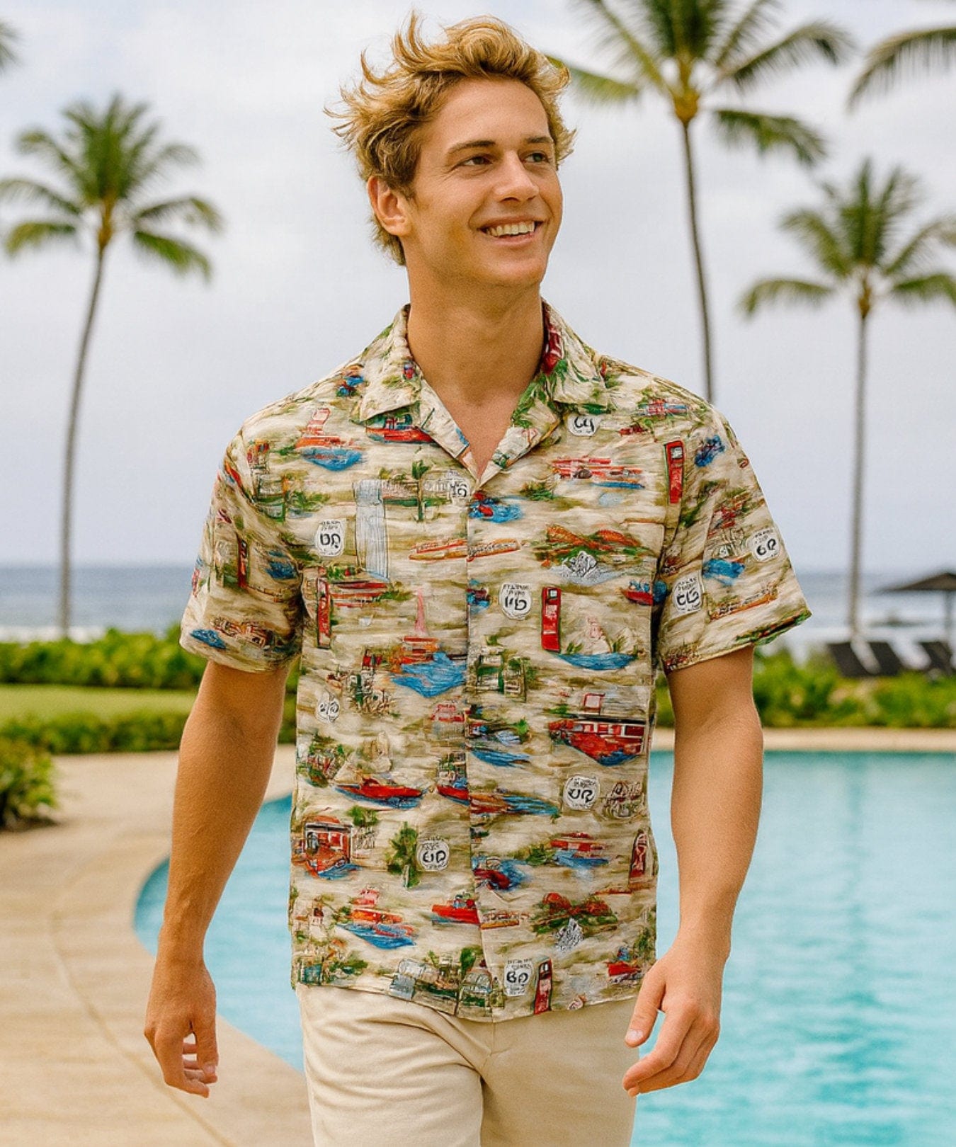 Route 66 Open Collar Men's Aloha Shirt Khaki