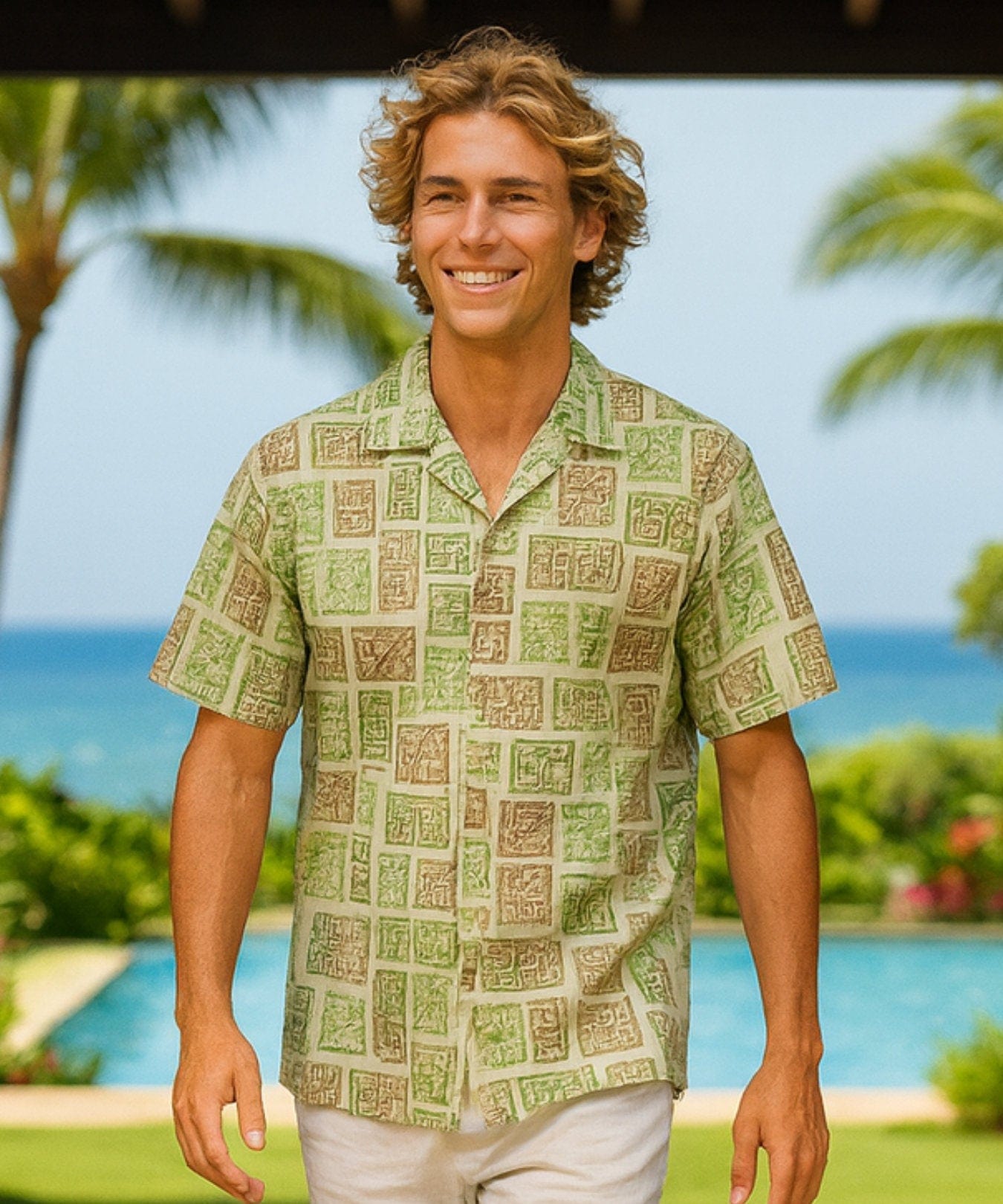 Tapa Tribal Men's Cotton Aloha Shirt Light Green