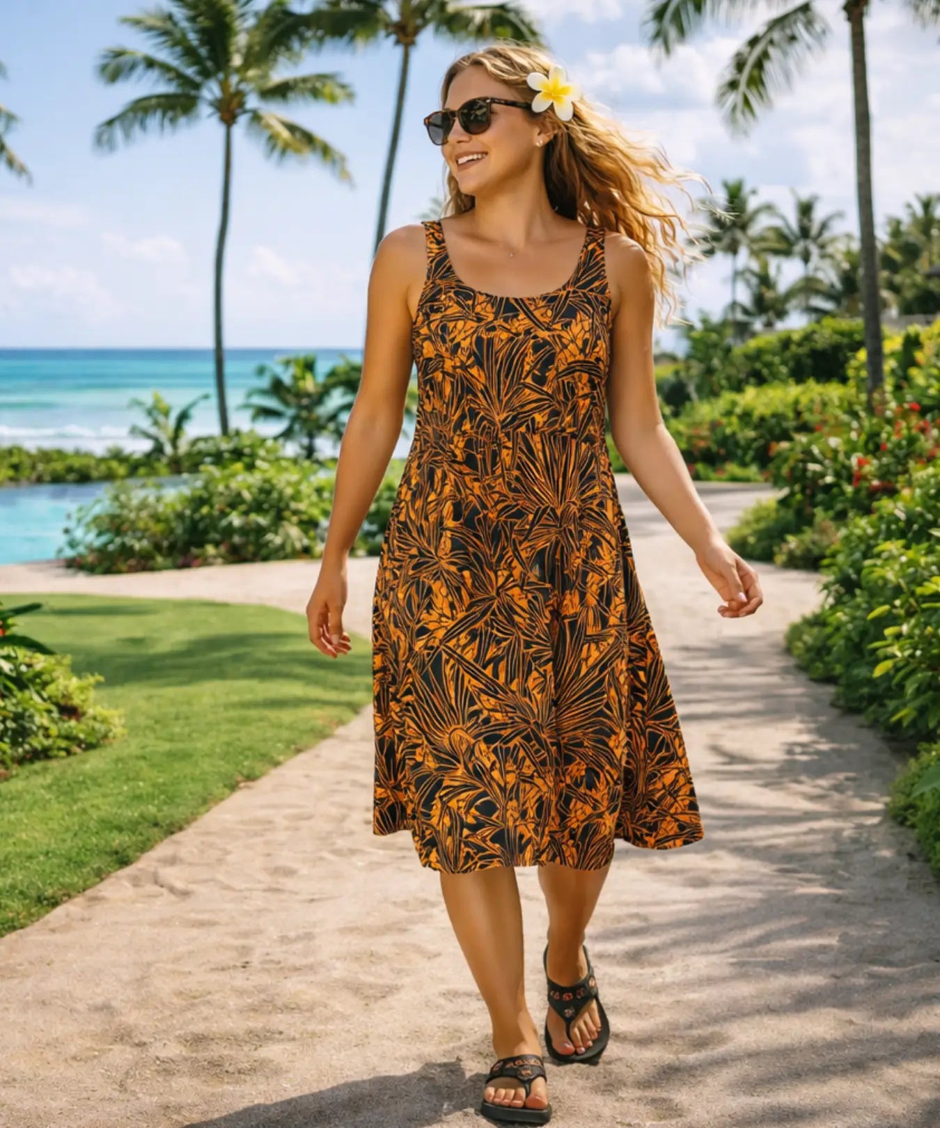 Short Back Cutout A-Line Hawaiian Dress Charcoal