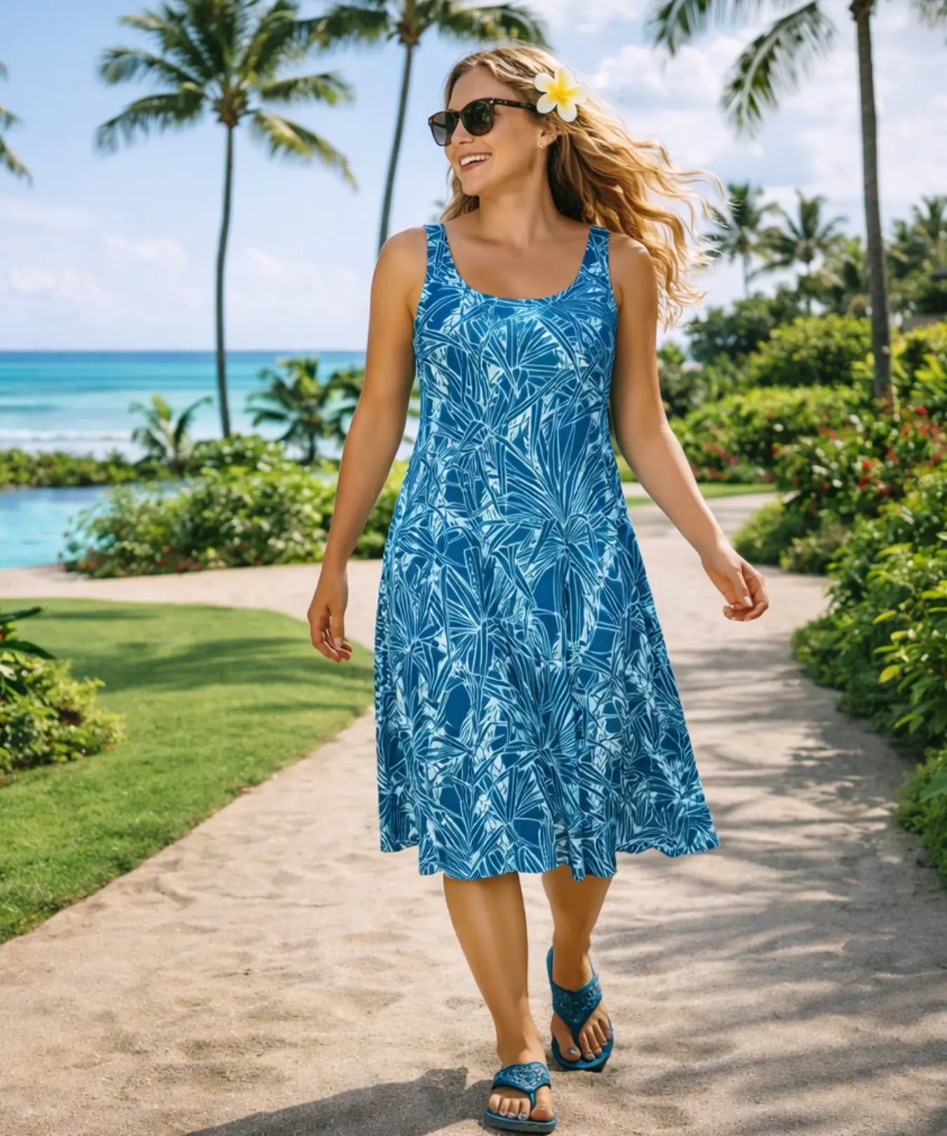 Short Back Cutout A-Line Hawaiian Dress Navy