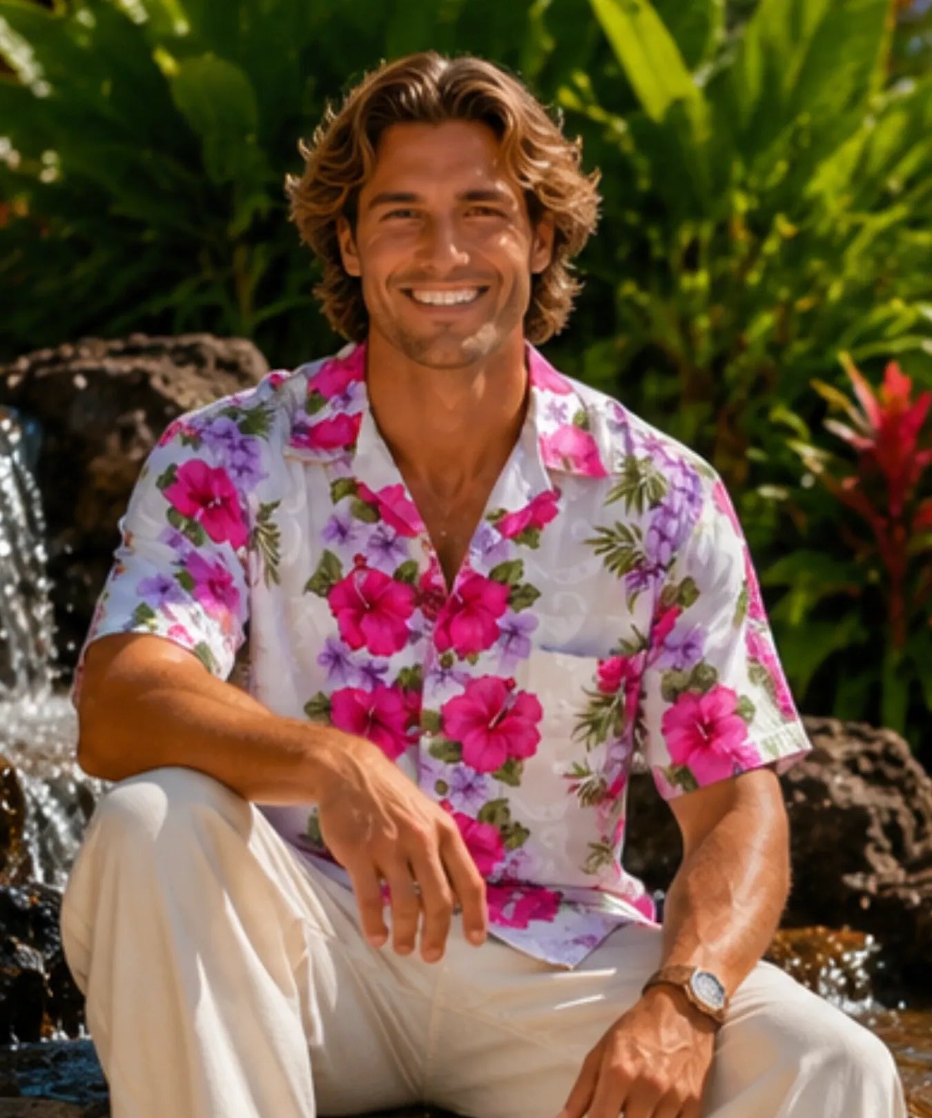 Big Island Hibiscus Cotton Men's Aloha Shirt White