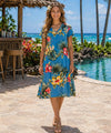 Plumeria Short Sleeves Bias Cut Pullover Hawaiian Dress Blue Short Sleeves Dress