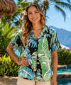 Short Sleeves Hibiscus Relax Fit Ladies Blouse Black Women Shirts