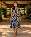 Island Plumeria Ruffle Short Muumuu Dress Navy Blue