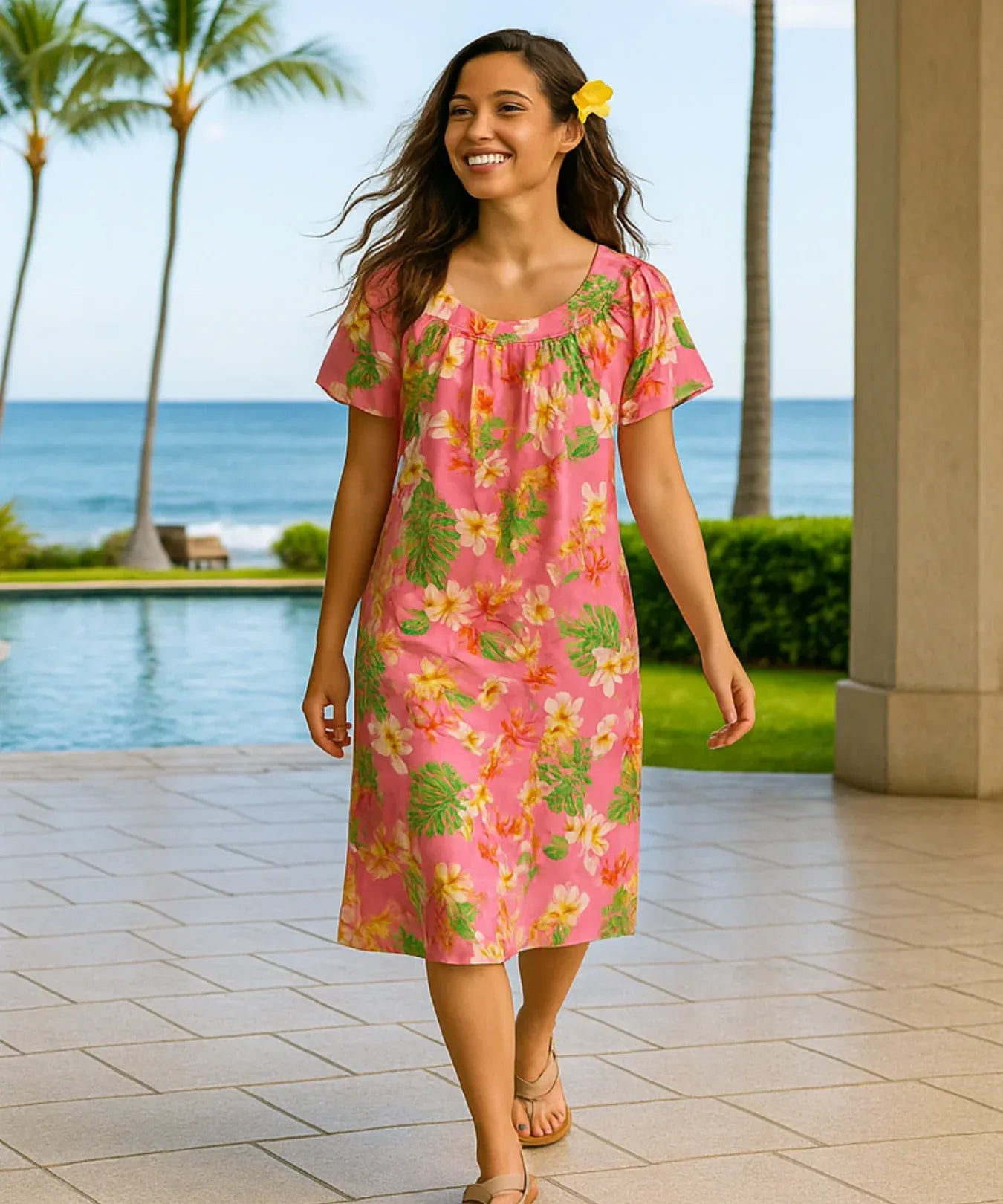 Plumeria Fantasia Pull Over Short Muumuu Dress Pink