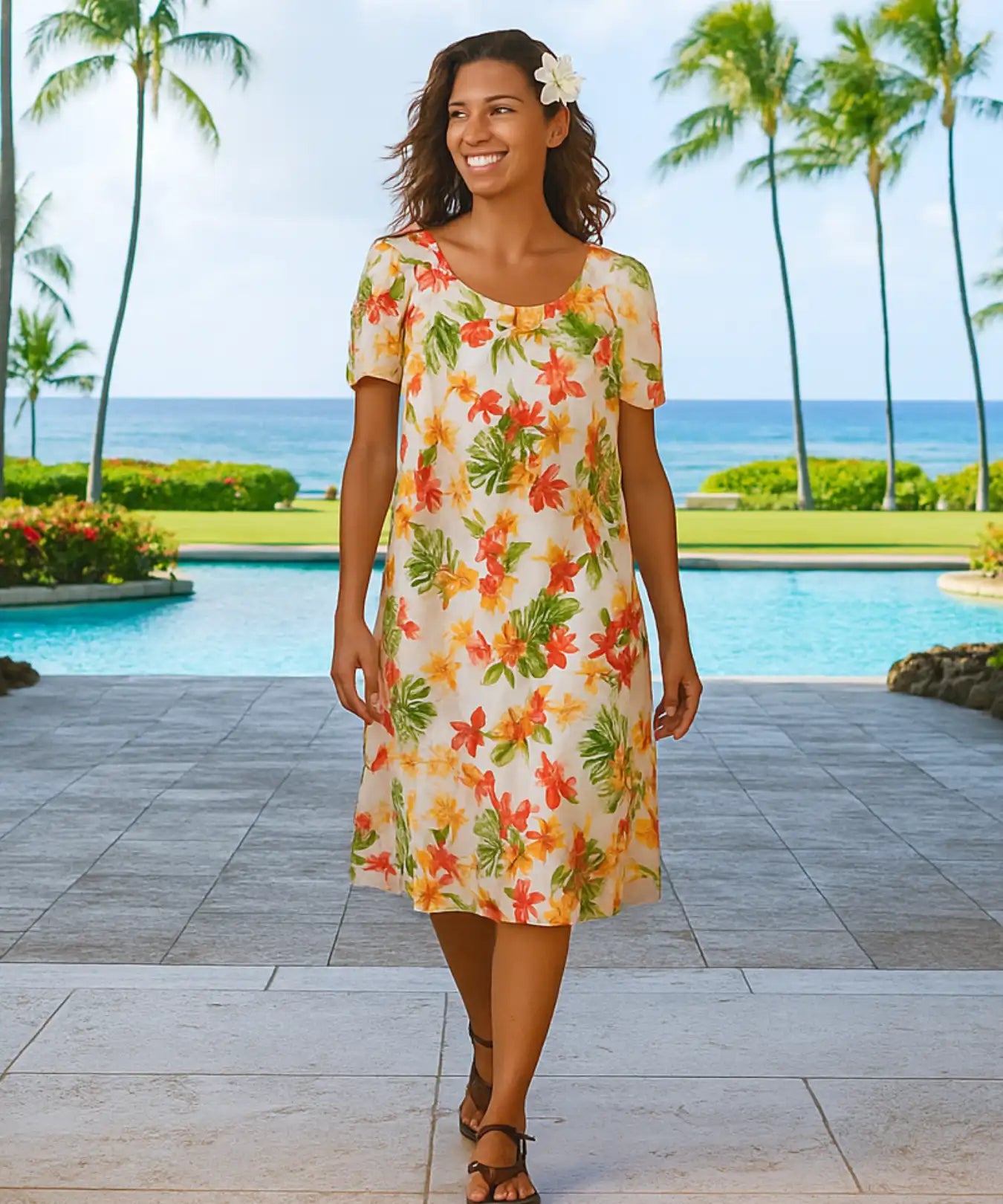 Plumeria Fantasia Pull Over Short Muumuu Dress White