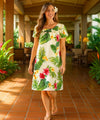Puunene Plumeria Hibiscus Pull Over Short Muumuu Dress Beige