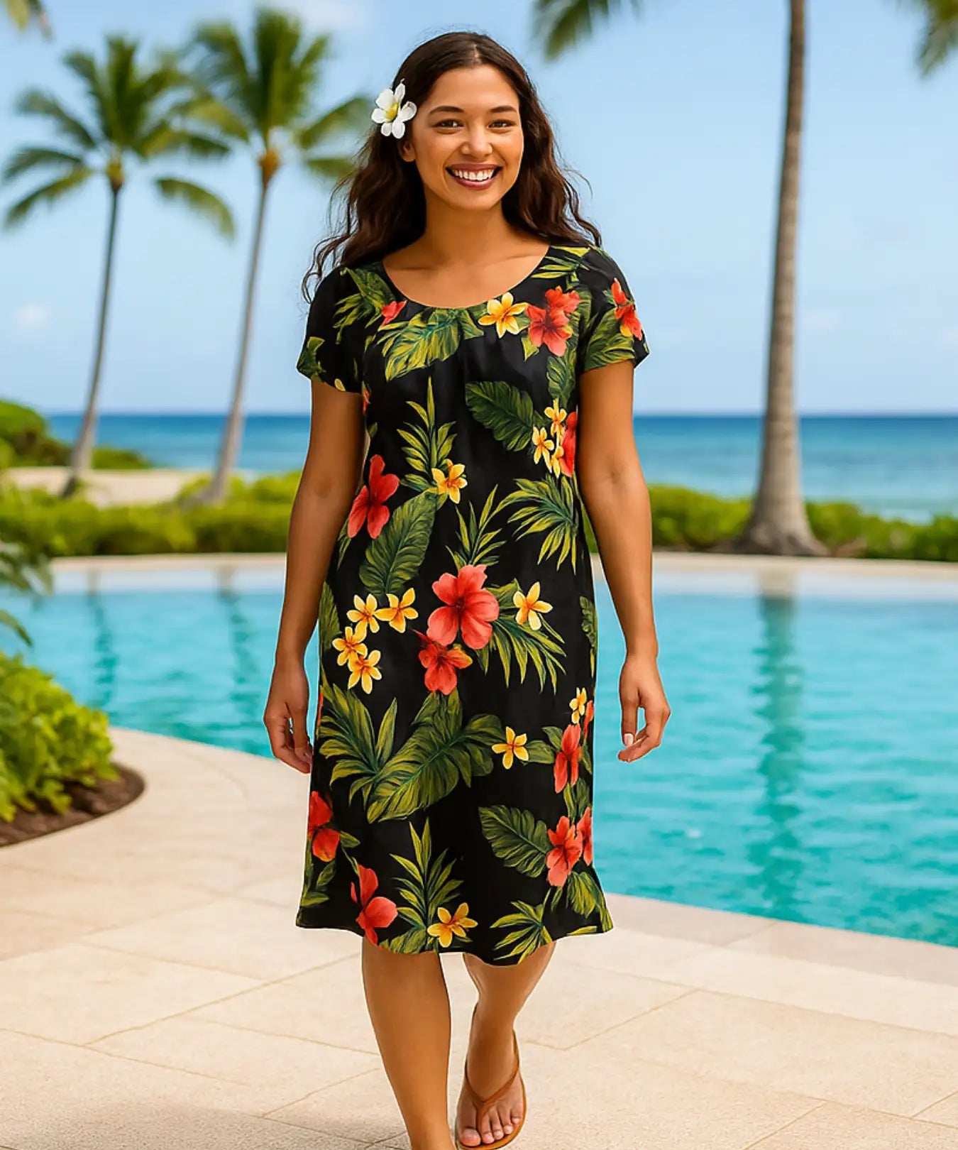 Puunene Plumeria Hibiscus Pull Over Short Muumuu Dress Black