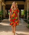 Puunene Plumeria Hibiscus Pull Over Short Muumuu Dress Red