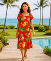 Puunene Plumeria Hibiscus Pull Over Short Muumuu Dress Red