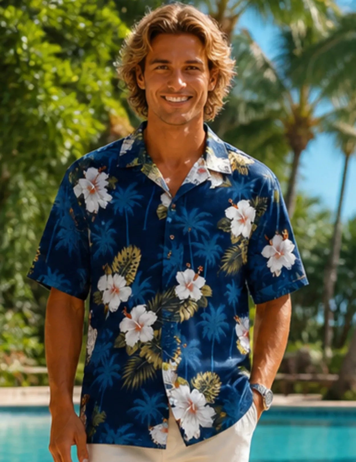 Kailua Hibiscus Cotton Men's Aloha Shirt Navy