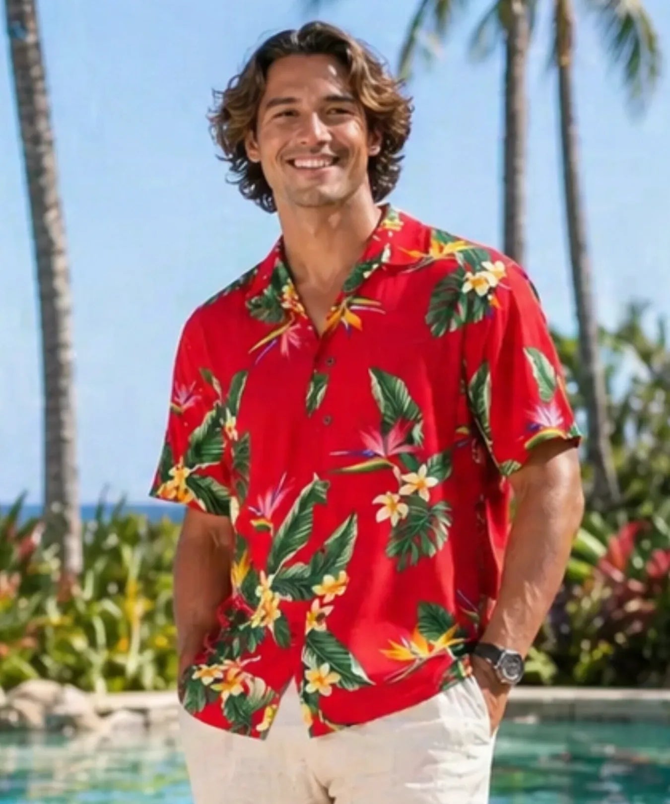Birds of Paradise Rayon Men's Hawaiian Shirt Red