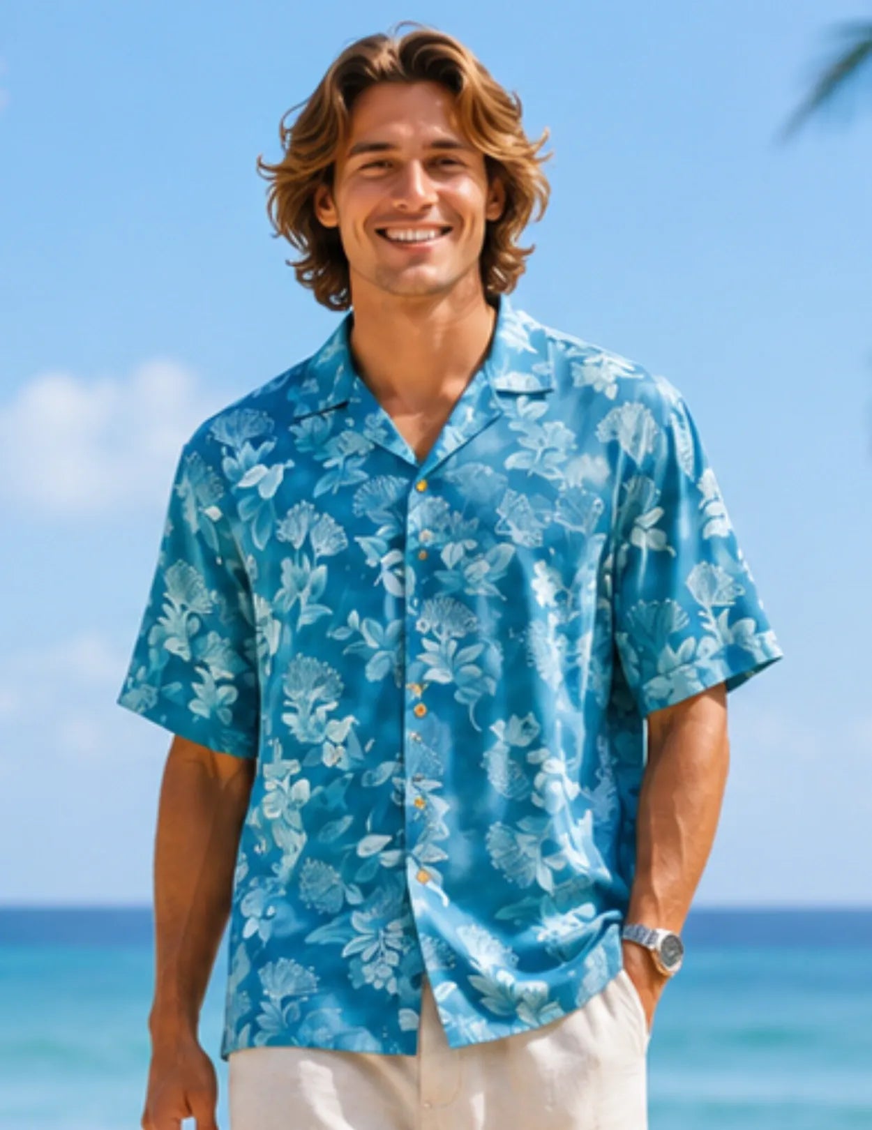100% Rayon Short Sleeves Ohia Men's Shirt Turquoise