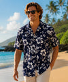 Short Sleeves Hibiscus Cotton Men's Aloha Shirt Navy