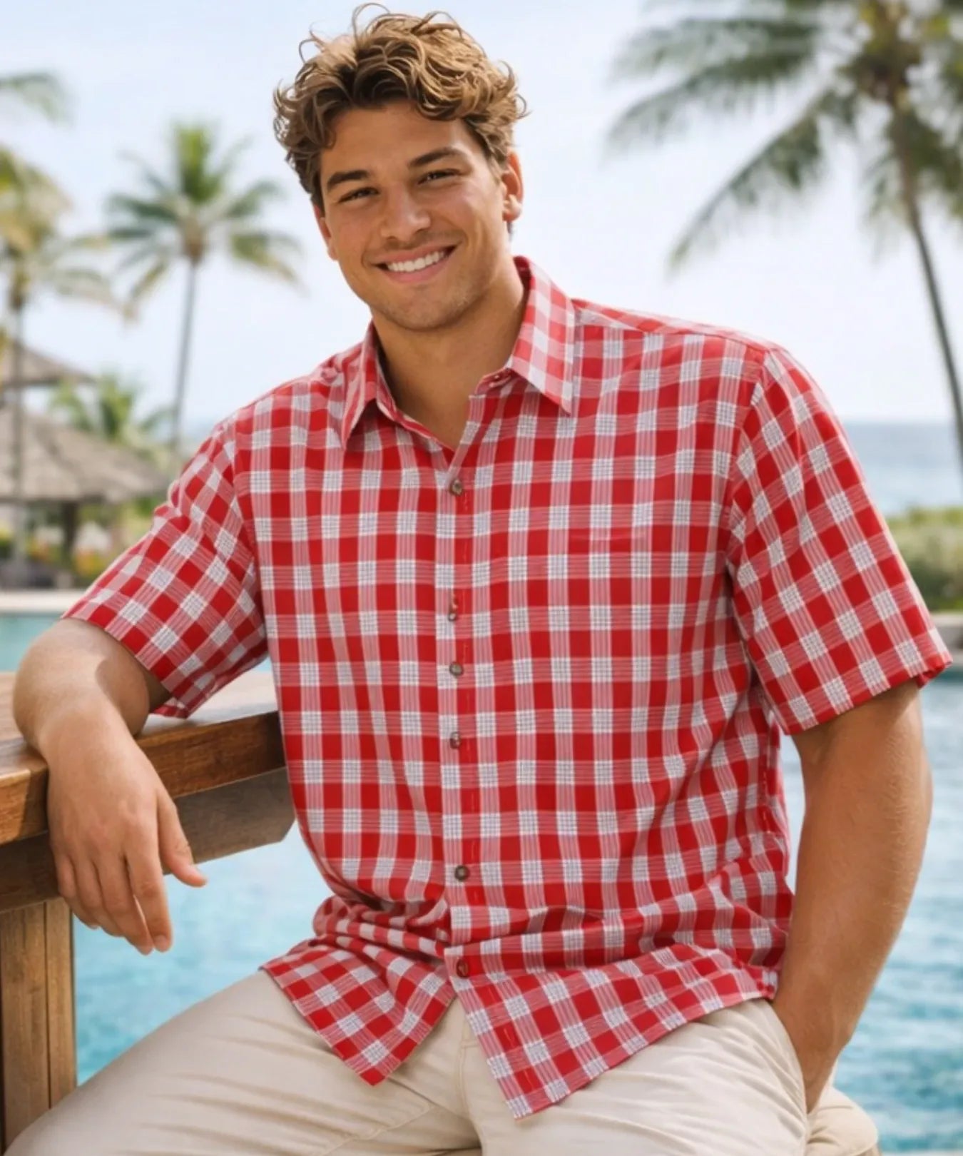 Traditional Hawaiian Paniolo Red Palaka Shirt Red
