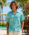 Open Collar Retro Pineapple Bamboo Rayon Shirt Aqua Button-Up Dress Shirt