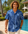 Short Sleeves Monstera Cotton Poplin Men's Shirt Blue