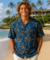 Short Sleeves Royal Palms Rayon Men's Shirt Ocean Blue