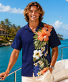 Side Panel Hibiscus Short Sleeves Cotton Aloha Shirt Navy
