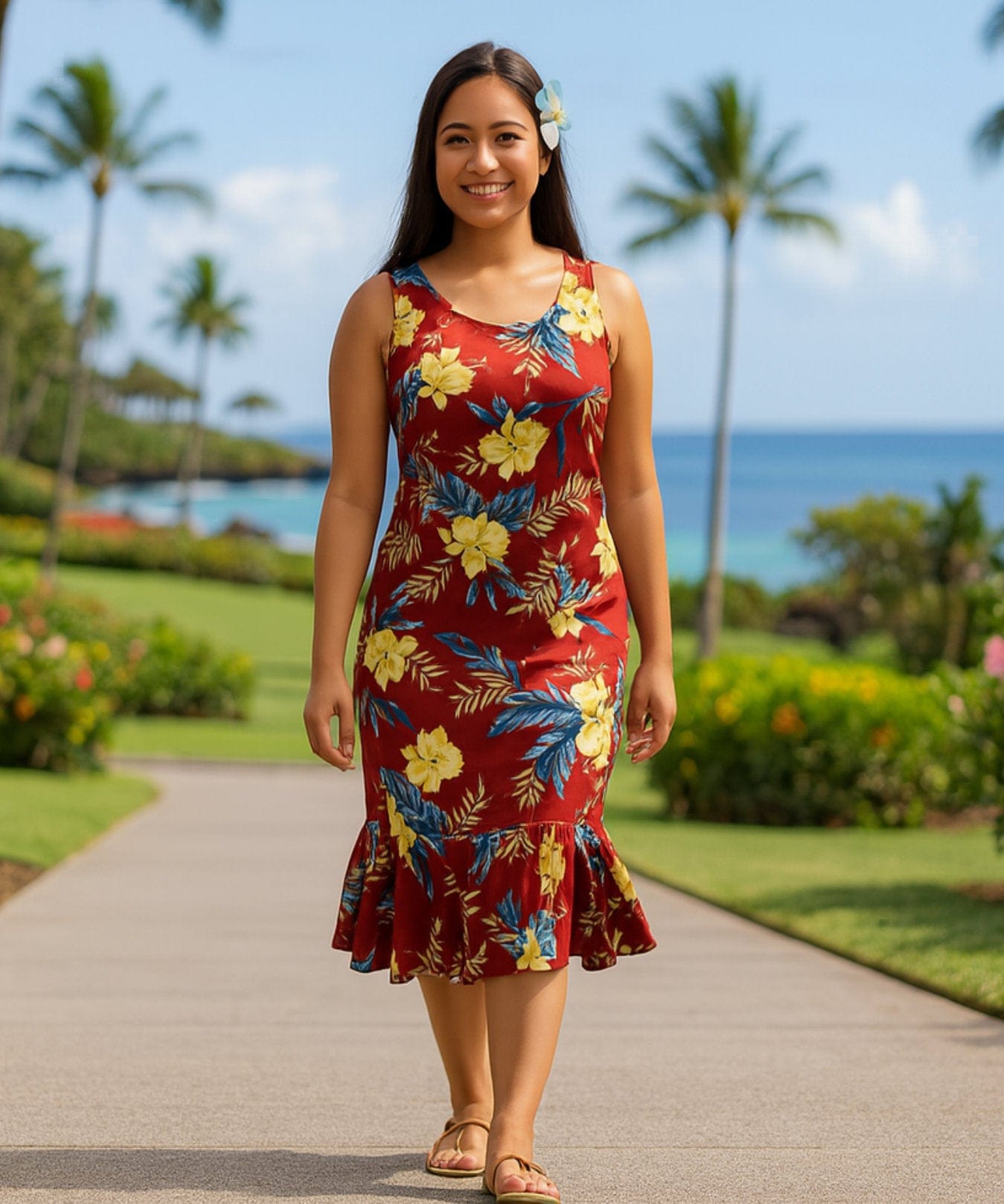Keilani Rayon Midi Sleeveless Hawaiian Dress Burgundy