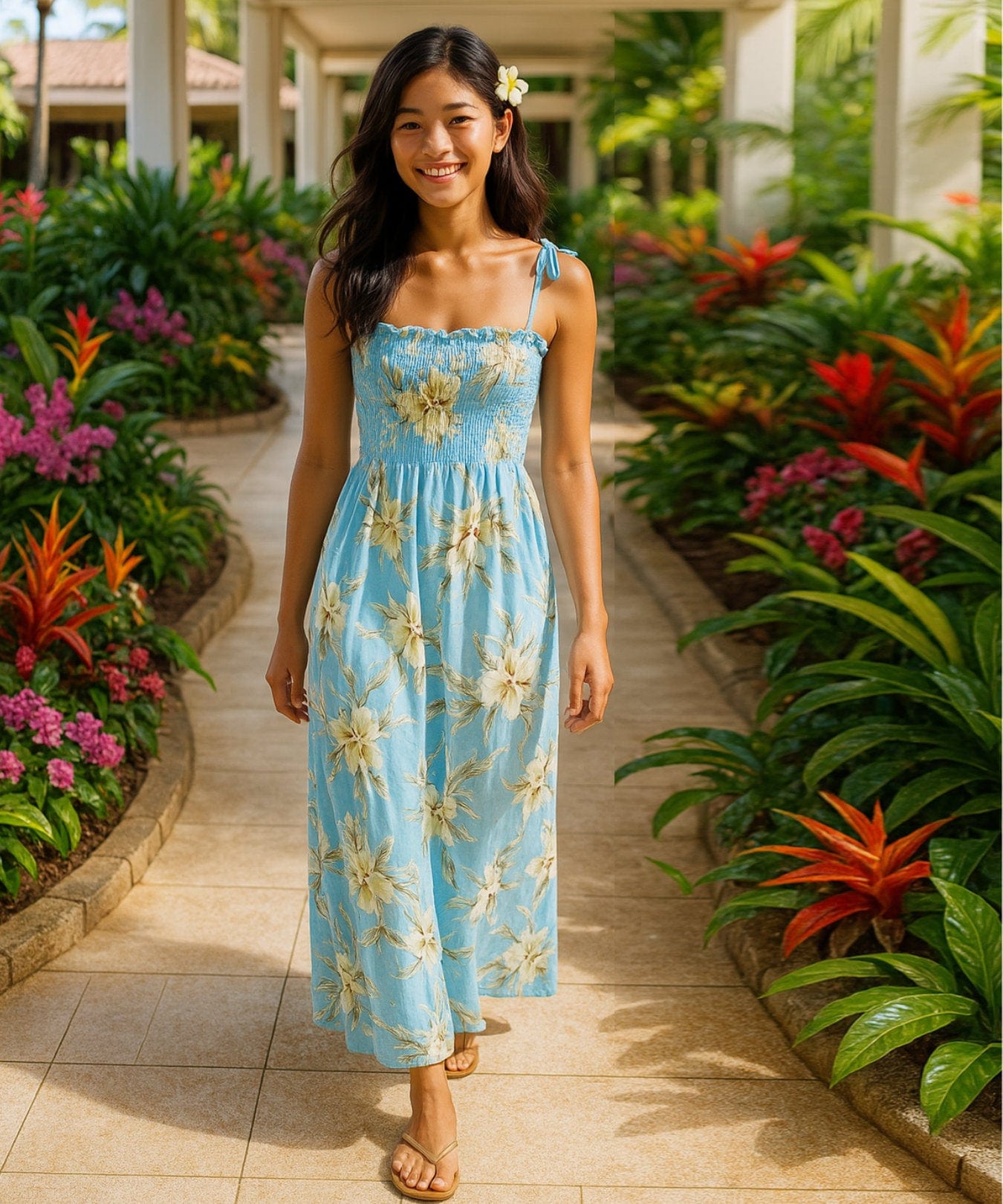 Light Sky Blue Orchids Long Smock Tube Top Dress Light Sky Blue One Size Fits Most XS-XL