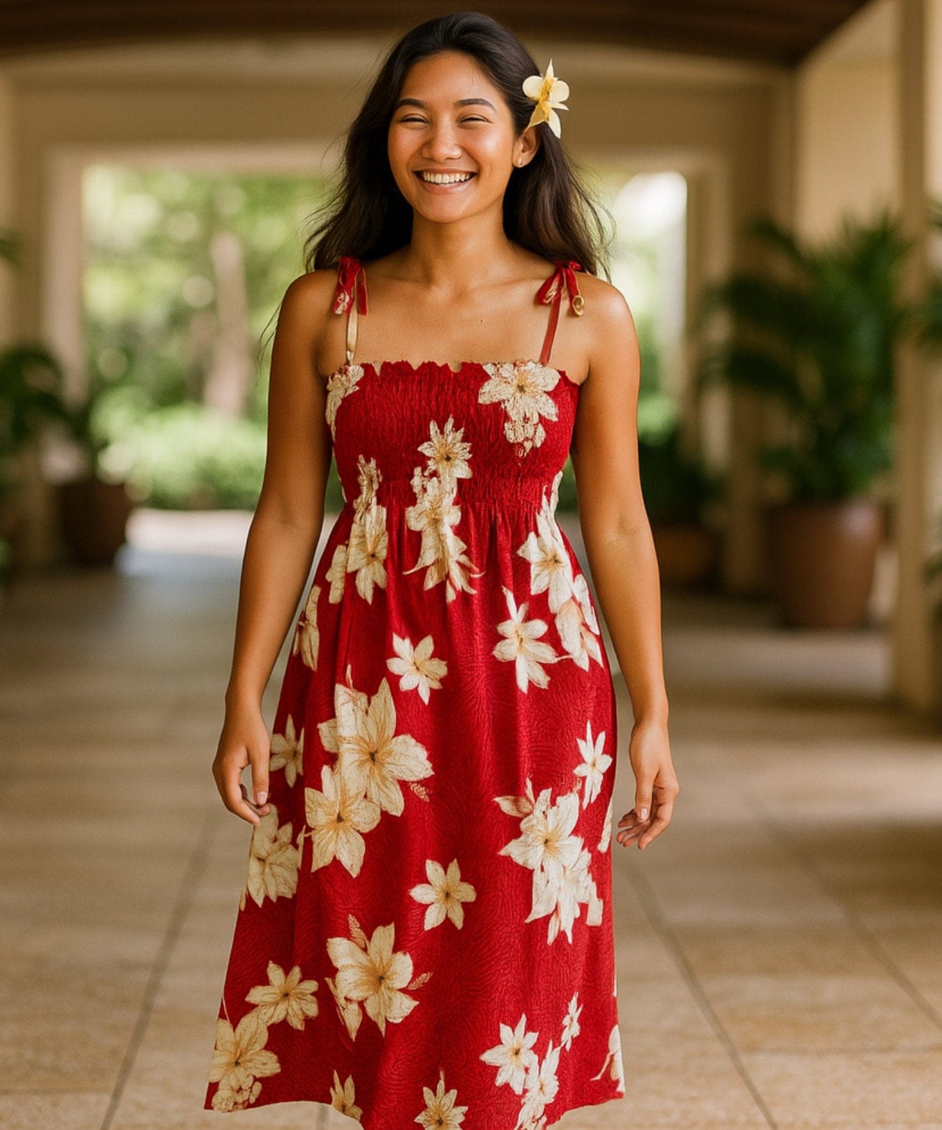 Lanai Smock Top Tie On Shoulders Hawaiian Dress Burgundy One Size Fits Most XS-XL