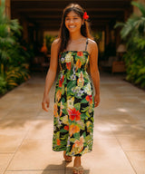 Island Tropical Forest Smock Tube Top Dress Black One Size Fits Most XS-XL