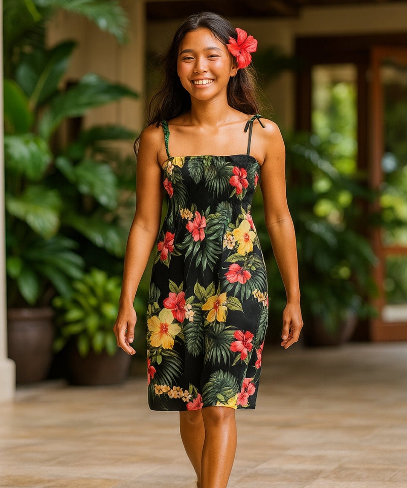 Lihue Smock Top Short Hawaii Rayon Dress Black