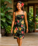 Lihue Smock Top Short Hawaii Rayon Dress Black