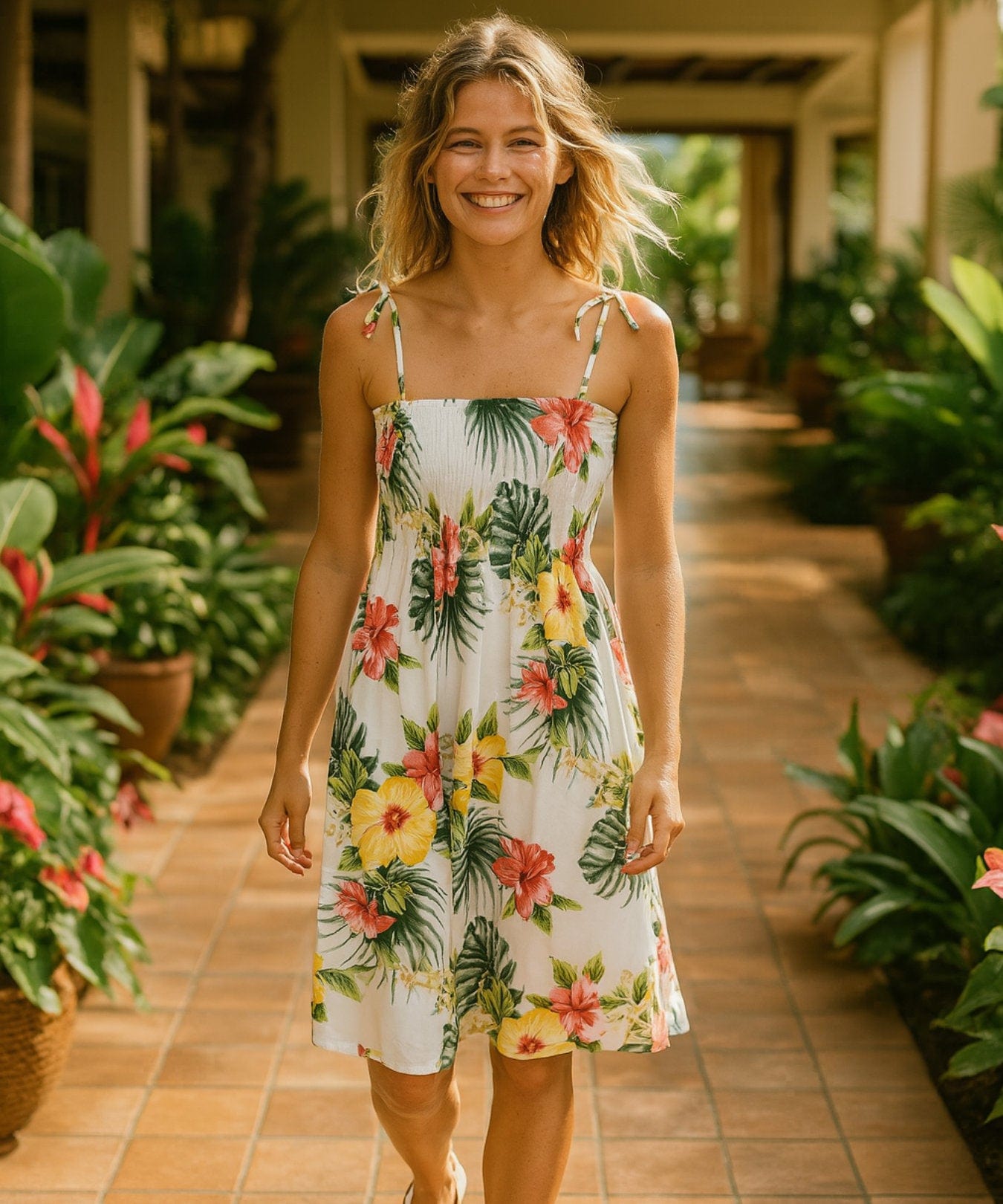 Lihue Smock Top Short Hawaii Rayon Dress White