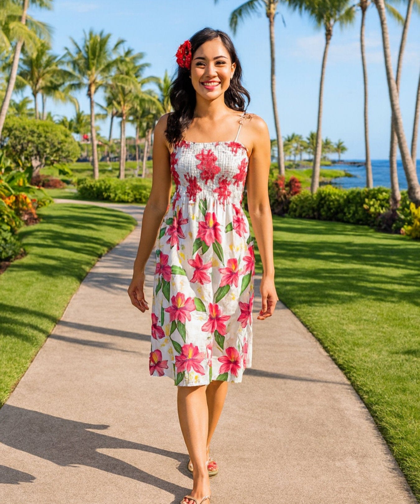Plumeria Panel Smock Top Hawaiian Dress White One Size Fits Most XS-XL