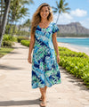 Cap Sleeves Palms Three-Quarter Length Hawaiian Dress Navy