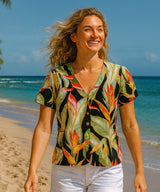 Heliconia Hawaiian V-Neck Blouse Black