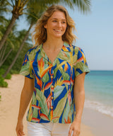 Heliconia Hawaiian V-Neck Blouse Royal Blue