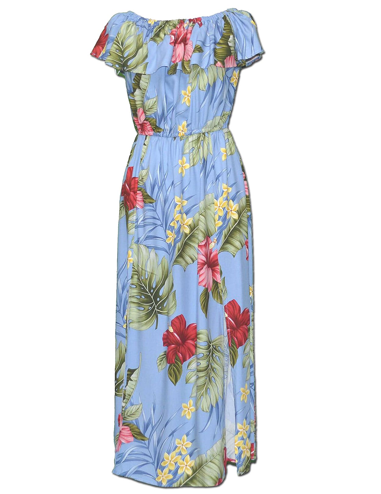 knee length dresses for ladies Waipio Off Shoulder Hibiscus Ankle Length Hawaiian Dress