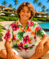 Watercolor Hibiscus Boys Hawaiian Shirt White