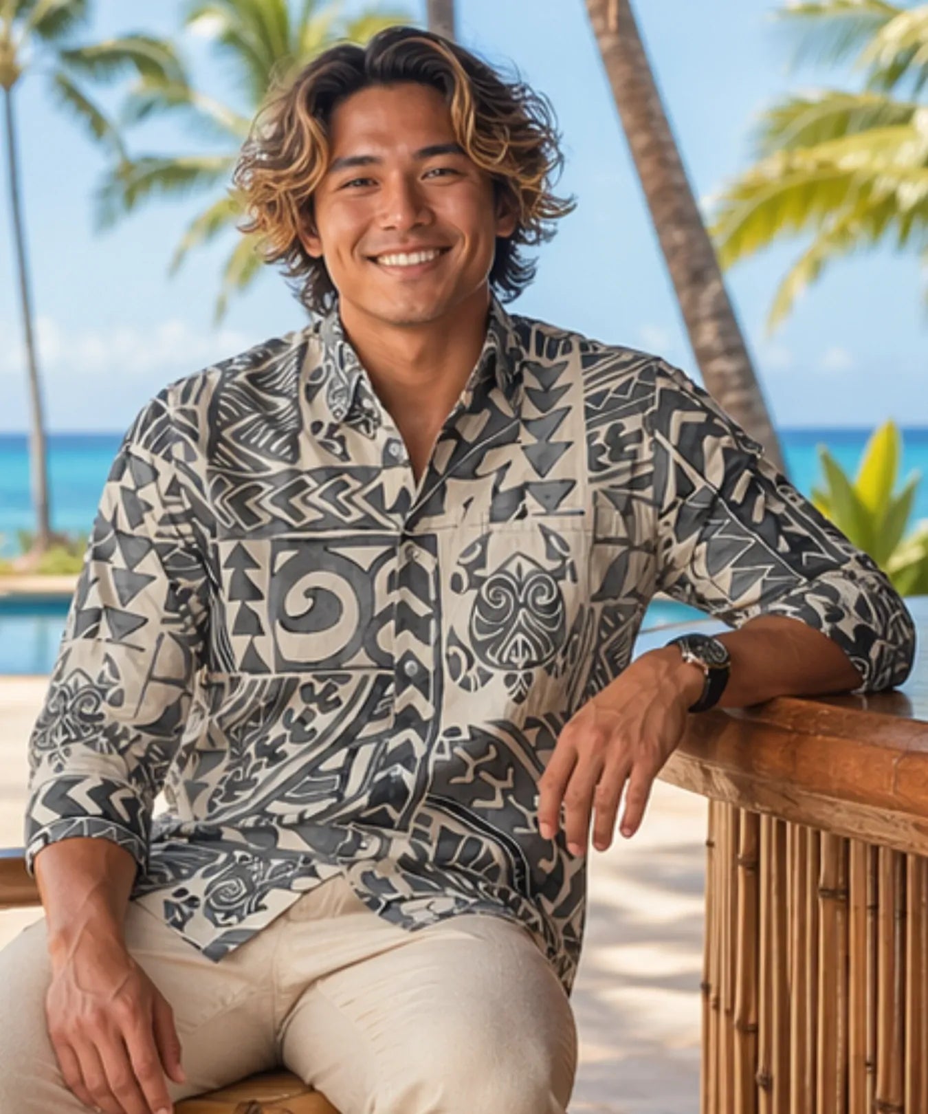 Tribal 3/4 Sleeves Honu Hawaiian Shirt White