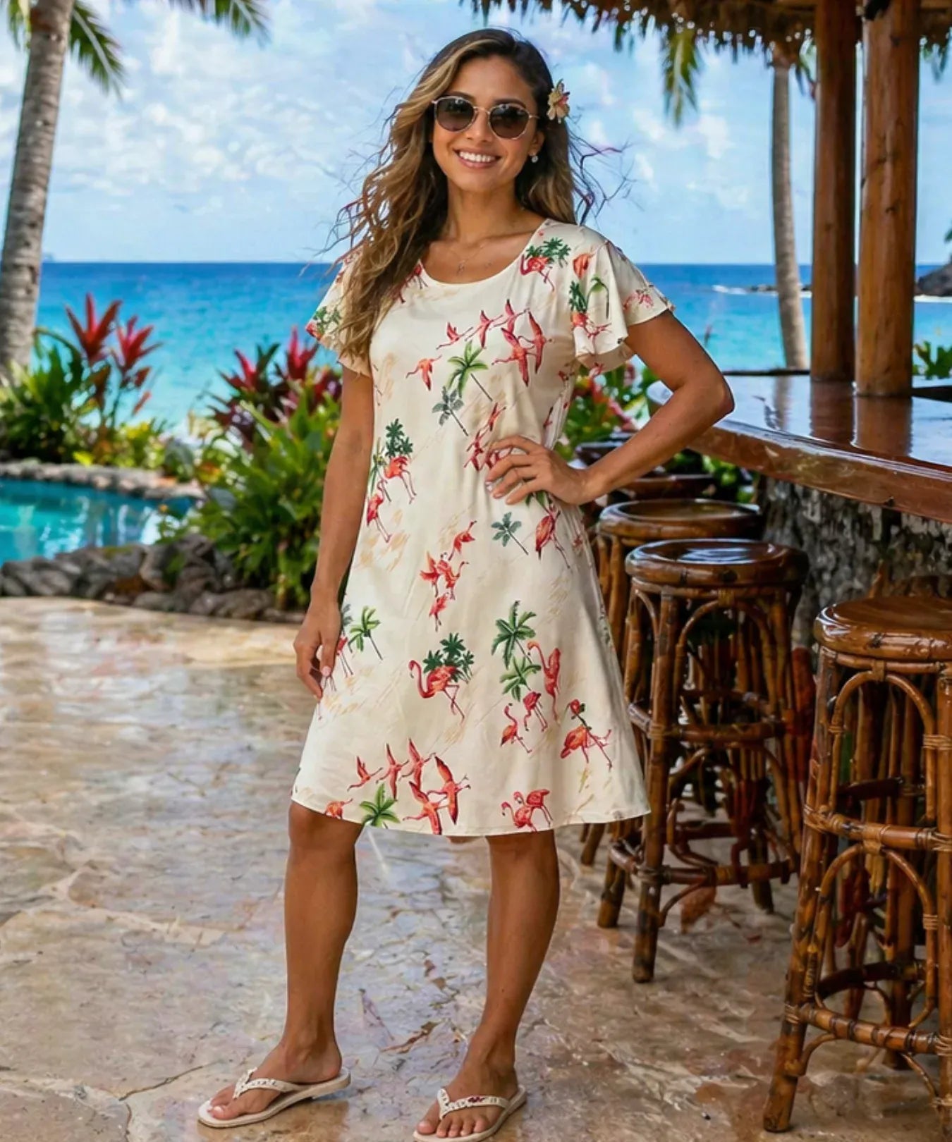 Flamingos Dress with Cap Sleeves | Aloha Shirts Club Cream / XL Flamingos Dress with Cap Sleeves | Aloha Shirts Club Cream / XL