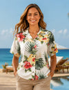 White Short Sleeves Floral Hibiscus Women Hawaiian Shirt